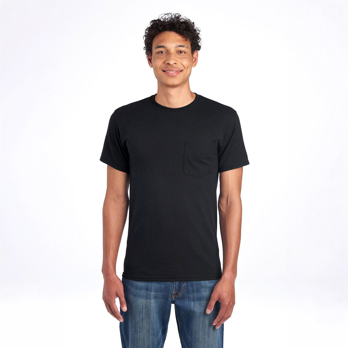 A man wearing a black Jerzees Dri-Power Unisex Pocket T-Shirt against a white background.