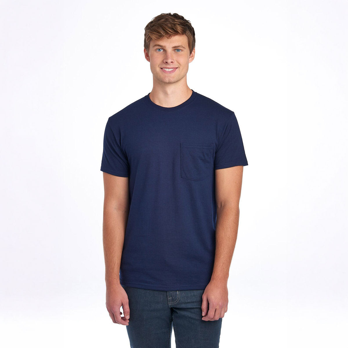 Man wearing a Jerzees Dri-Power Unisex Pocket T-Shirt in J. Navy color.