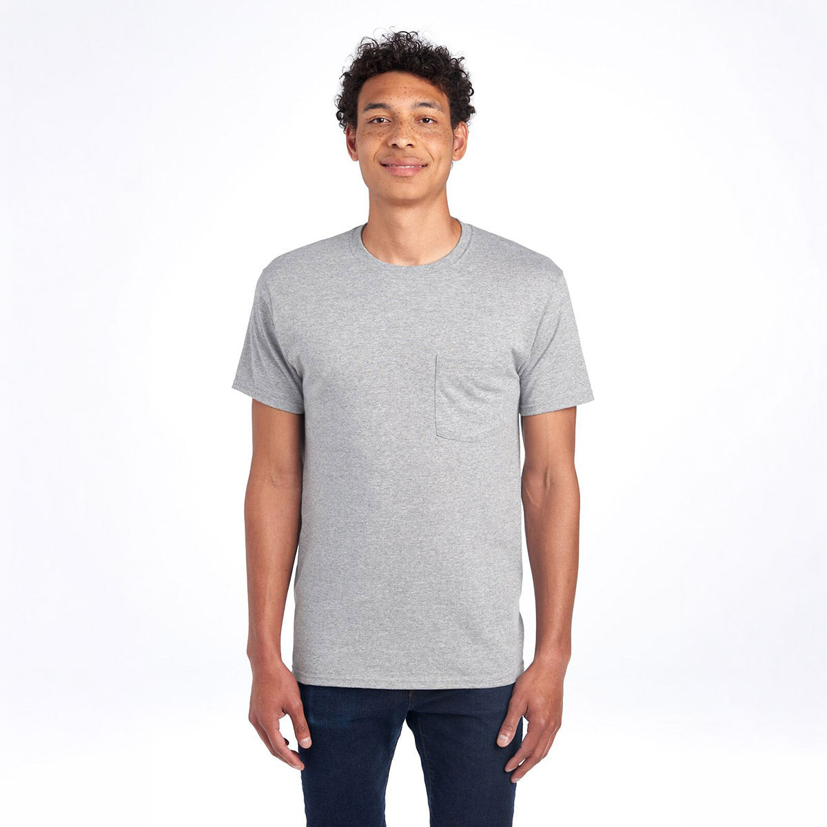 Jerzees Dri-Power Unisex Pocket T-Shirt in Oxford gray worn by a man against a white background.