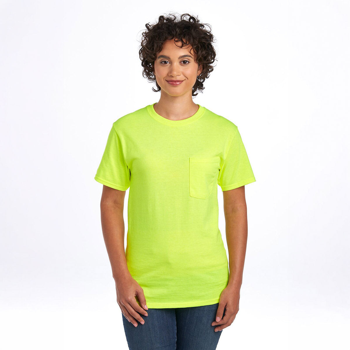 A model wearing a Safety Green Jerzees Dri-Power Unisex Pocket T-Shirt against a white background.
