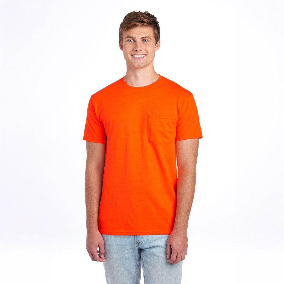 A man wearing a Safety Orange Jerzees Dri-Power Unisex Pocket T-Shirt against a white background.