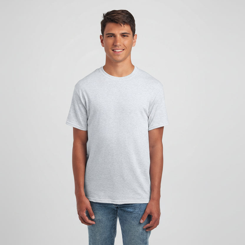 A man wearing a Jerzees Dri-Power Unisex T-Shirt in ash gray, shown from the chest up against a light background.