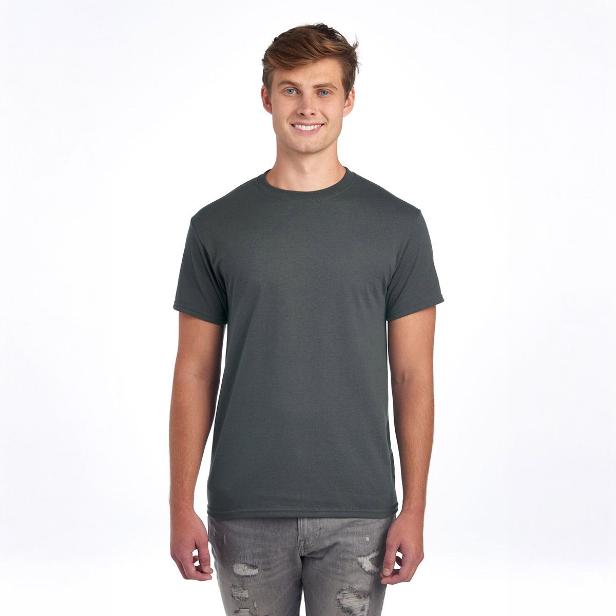 A man wearing a Jerzees Dri-Power charcoal grey unisex t-shirt.