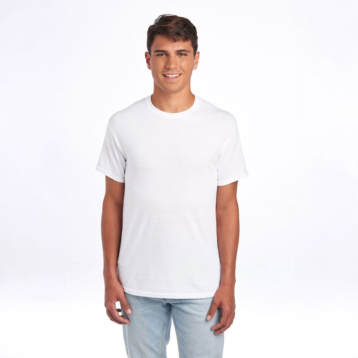 A man wearing a white Jerzees Dri-Power unisex T-shirt against a white background.