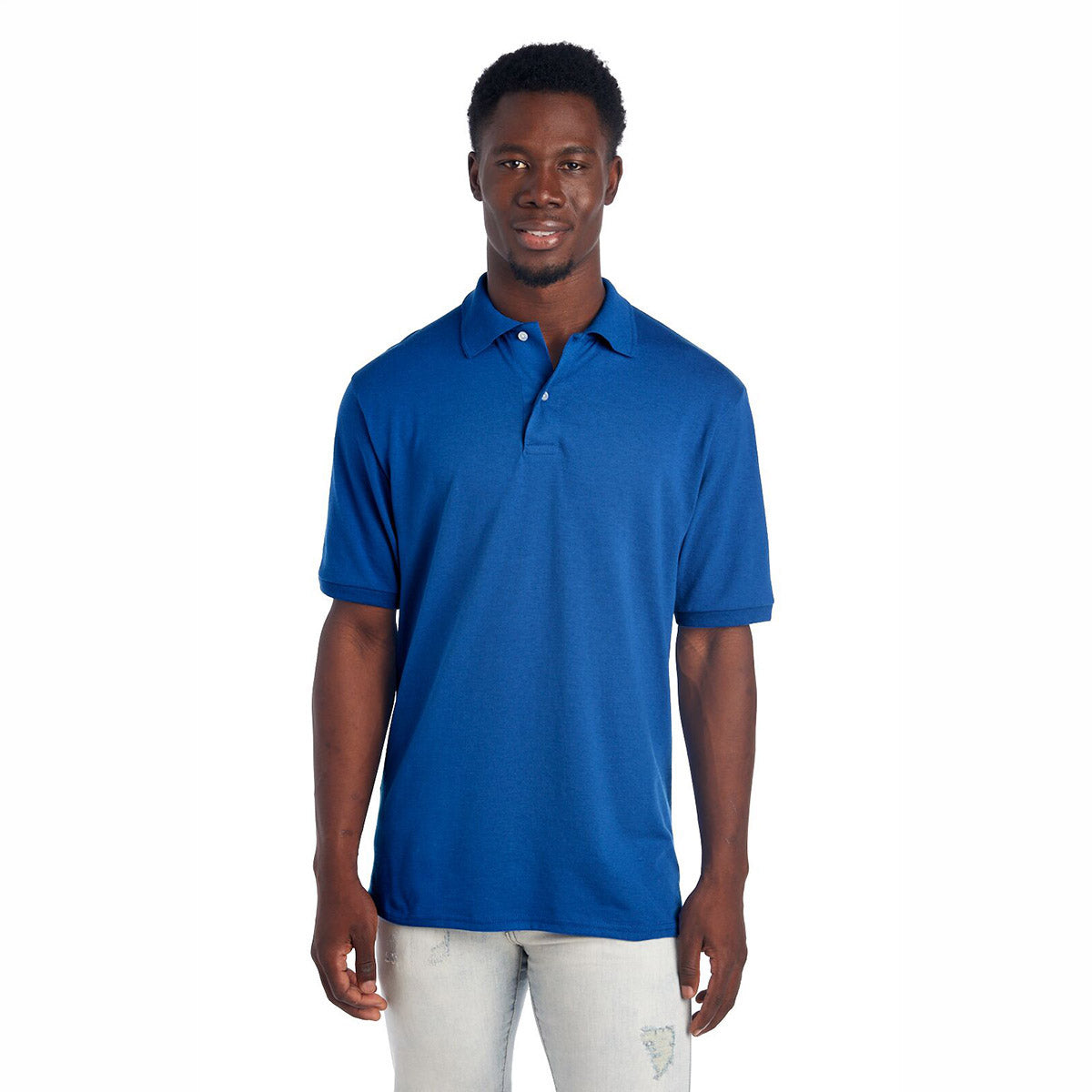 Man wearing a Jerzees Dri-Power Sport Shirt in royal blue against a white background.