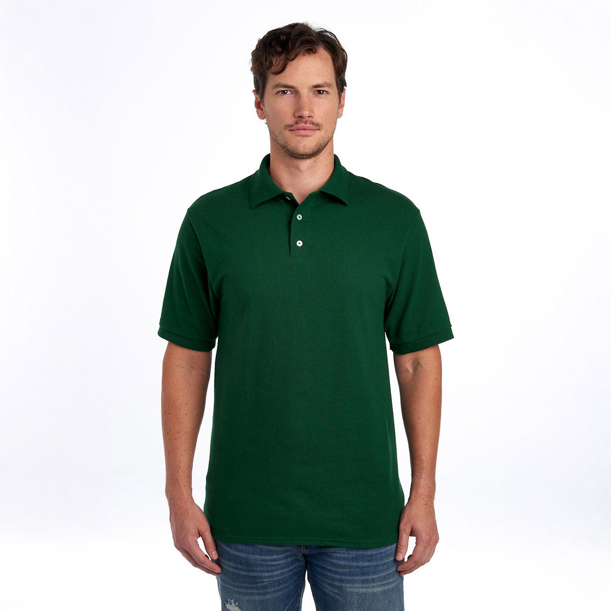 Man wearing a Forest Green Jerzees Premium Ring-Spun Cotton Pique Sport Shirt.