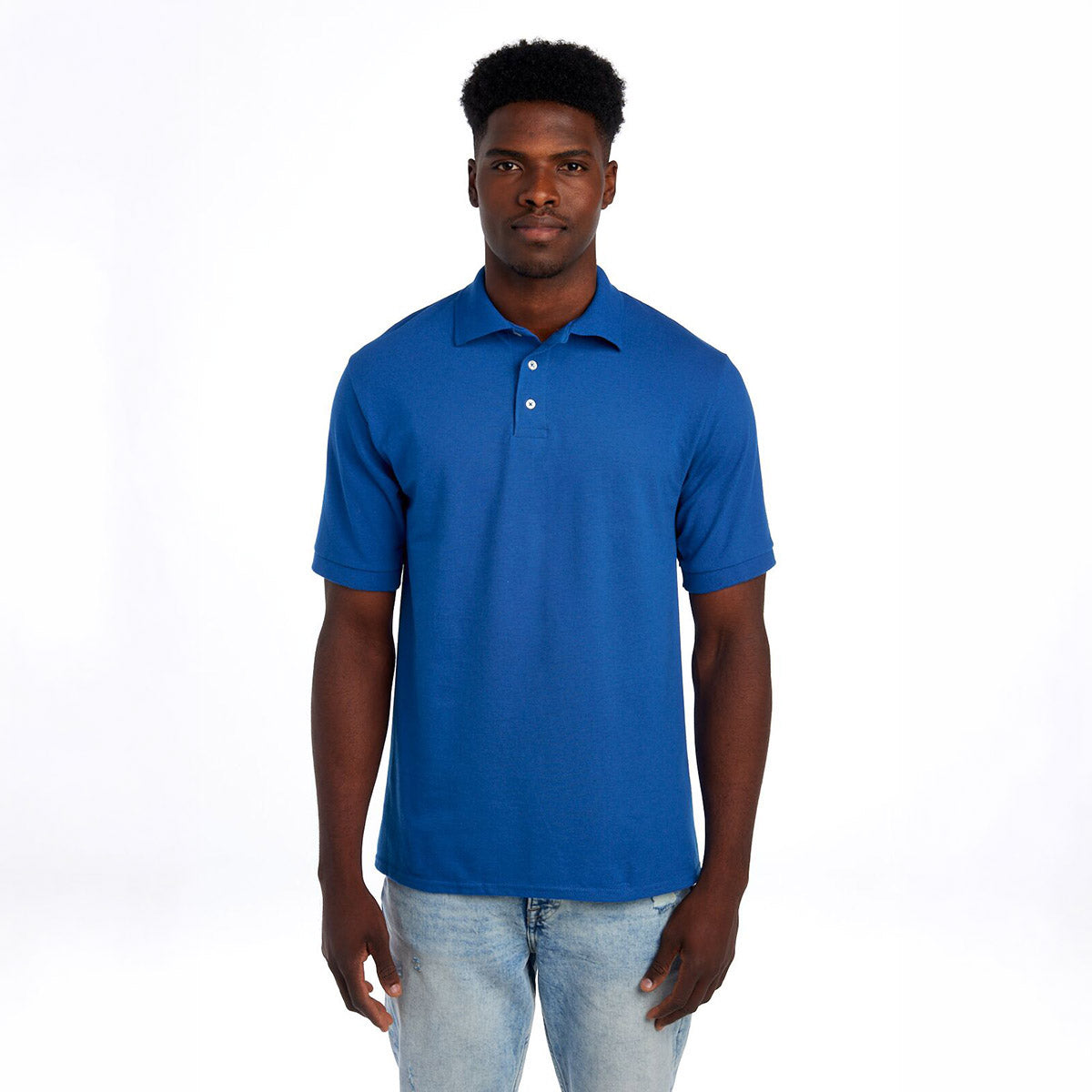 Man wearing a Jerzees Premium Ring-Spun Cotton Pique Sport Shirt in royal blue.