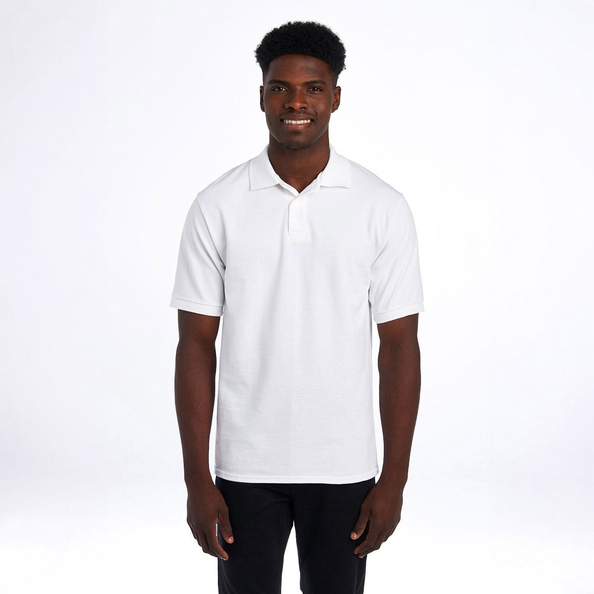 Model wearing a Jerzees Premium Ring-Spun Cotton Pique white sport shirt.
