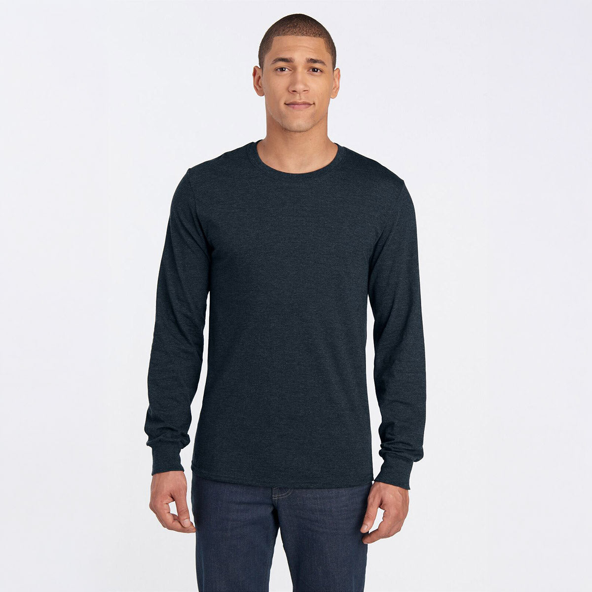 Jerzees Premium Blend Black Ink Heather unisex long-sleeve t-shirt worn by a man against a white background.