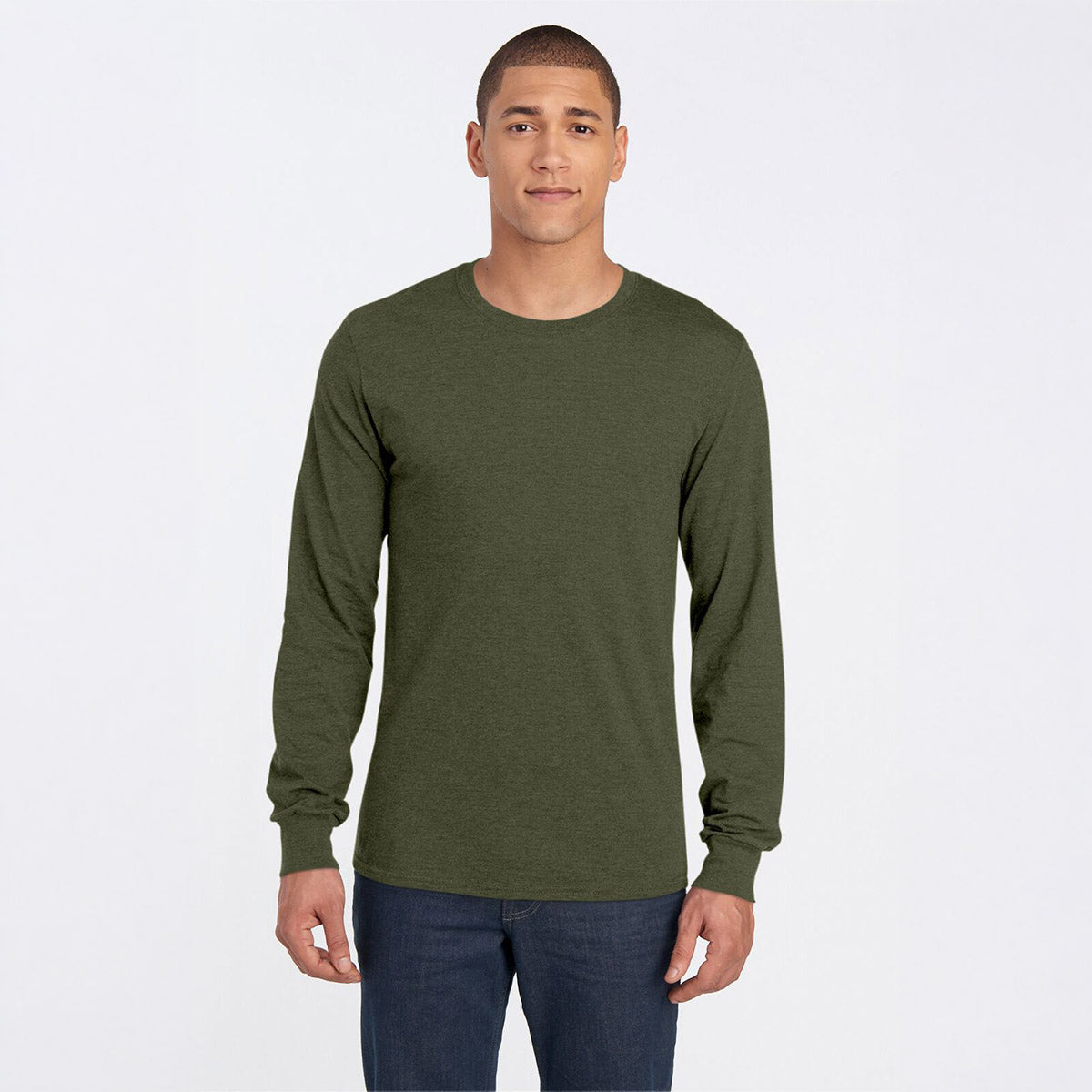A model wearing a Military Green Heather Jerzees Premium Blend Combed Ring-Spun unisex long-sleeve t-shirt.