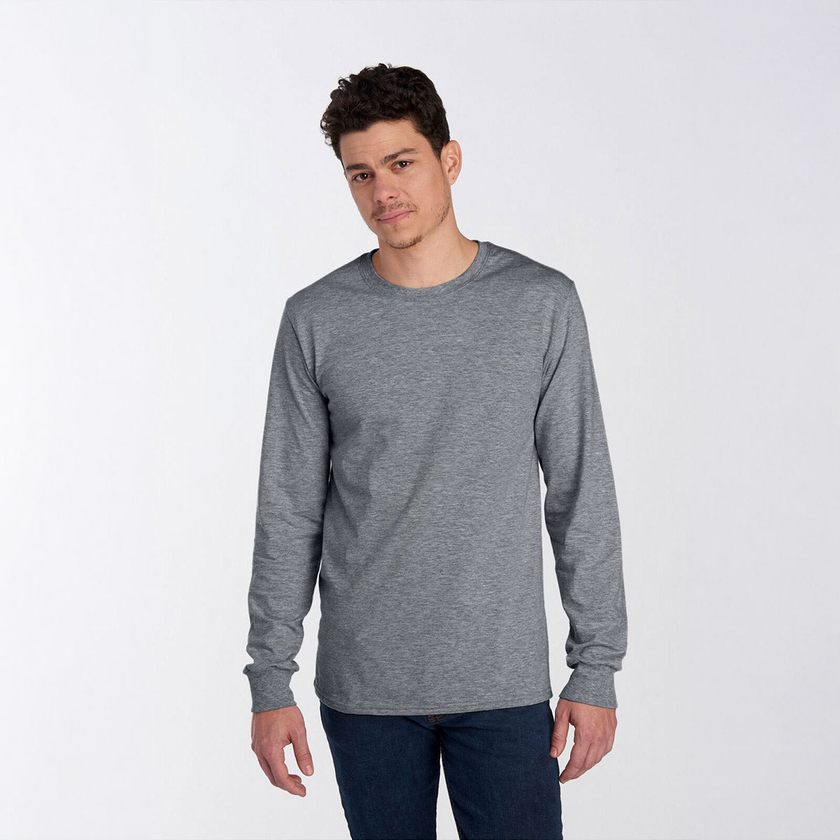 Jerzees Premium Blend combed ring-spun unisex long-sleeve t-shirt in Oxford gray worn by a man.