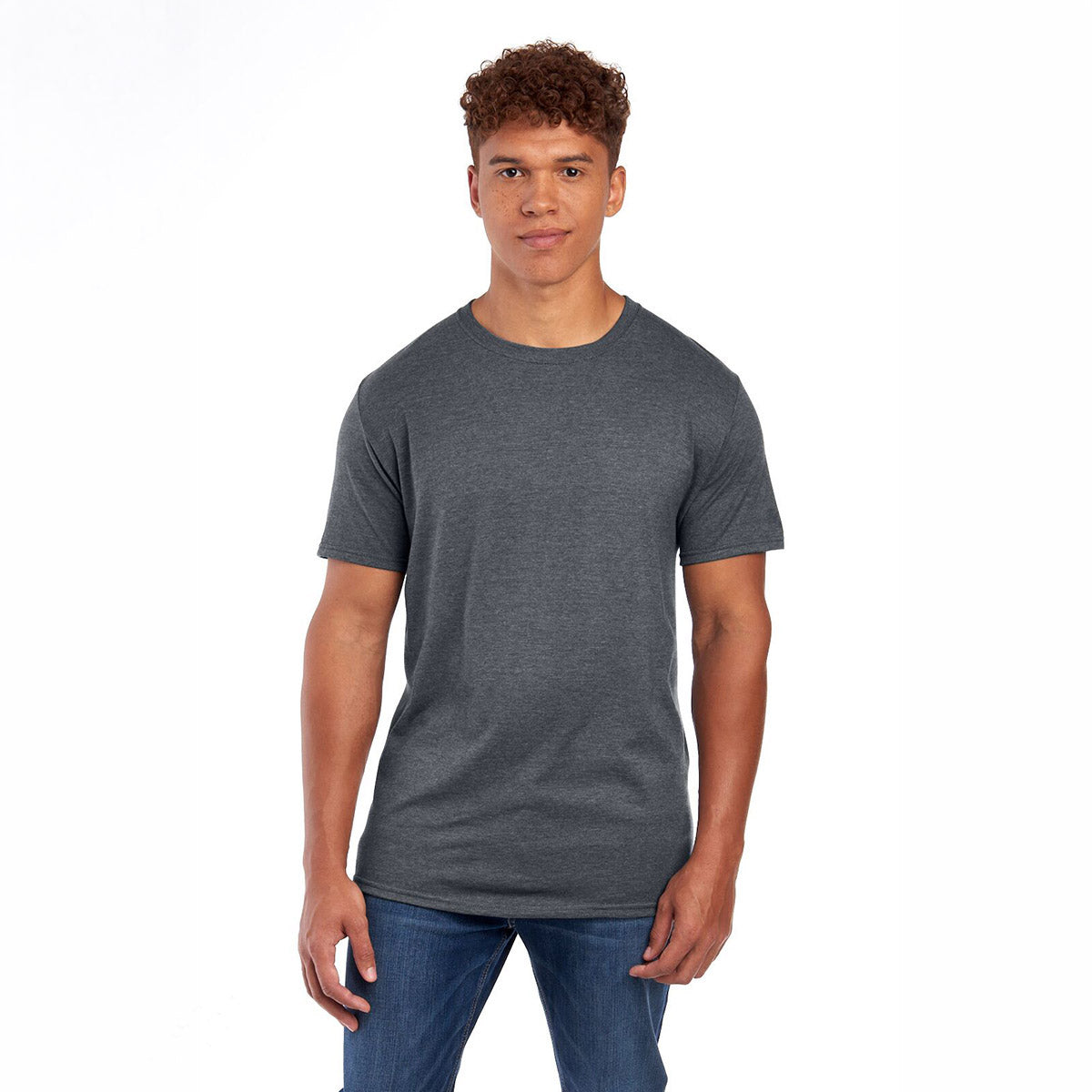 Jerzees Premium Blend Combed Ring-Spun unisex charcoal heather T-shirt worn by a young man against a white background.