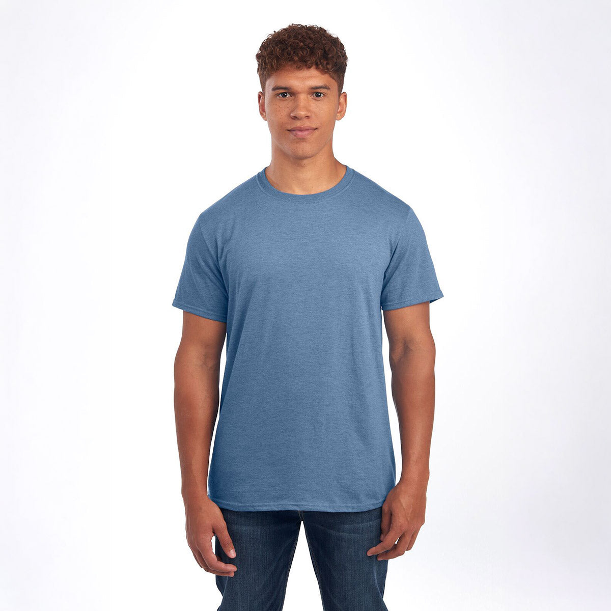 Jerzees Premium Blend Combed Ring-Spun Unisex T-Shirt in Denim Heather worn by a man against a white background.
