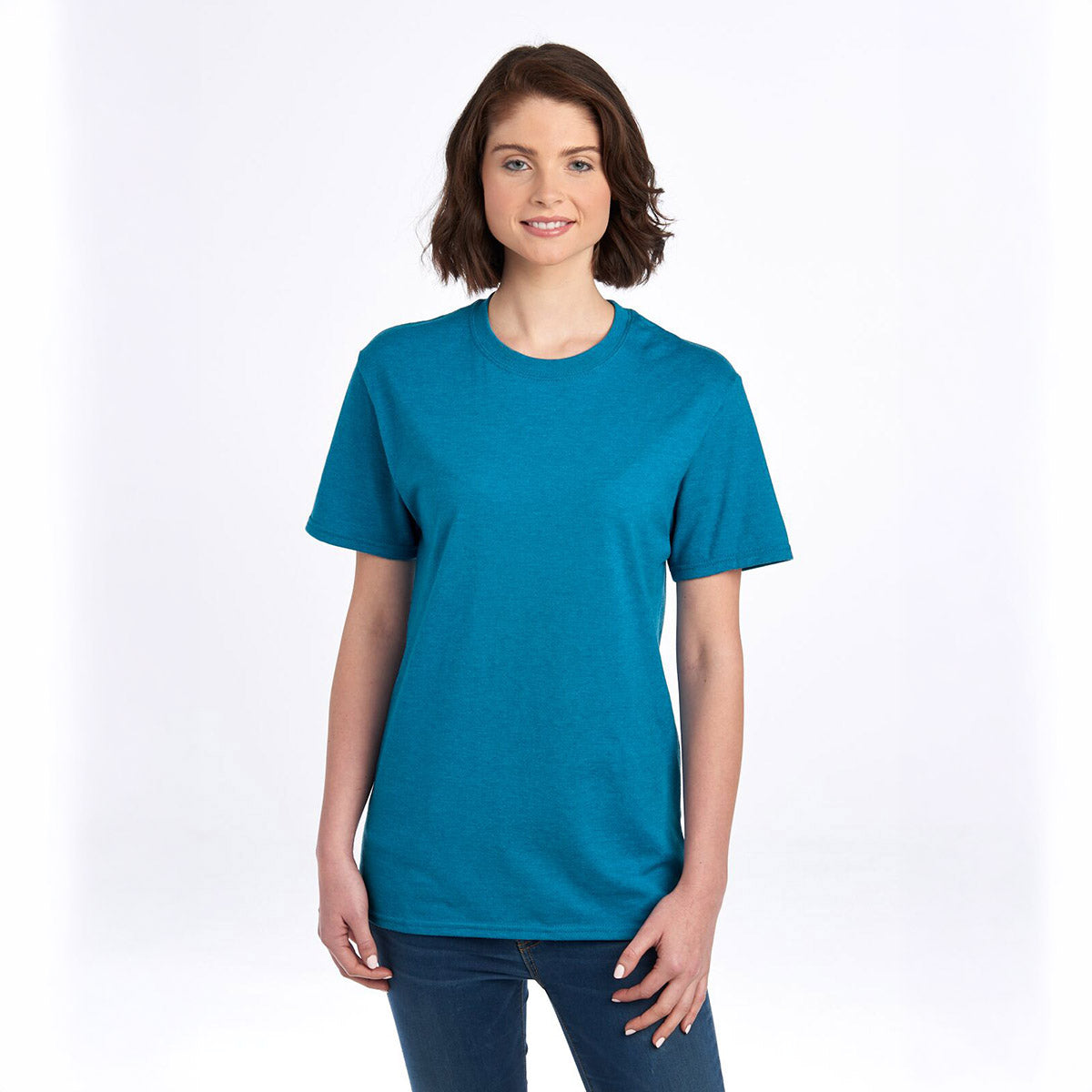 Woman wearing a Digital Teal Heather Jerzees Premium Blend Combed Ring-Spun unisex T-shirt.