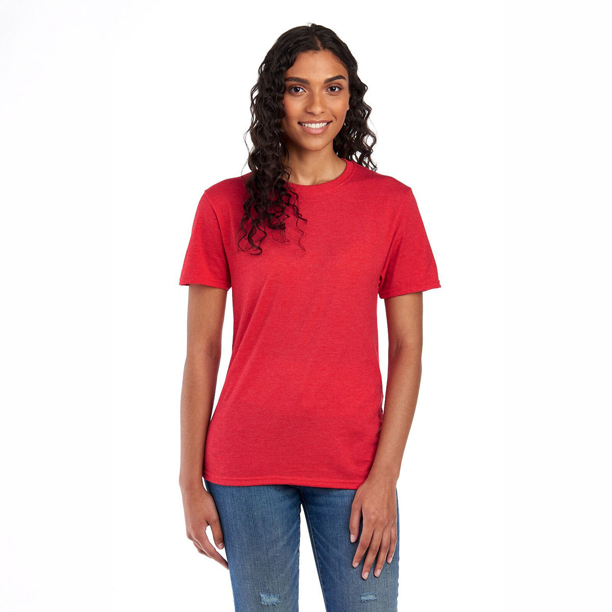 Woman wearing a Jerzees Premium Blend Combed Ring-Spun unisex t-shirt in fiery red heather.