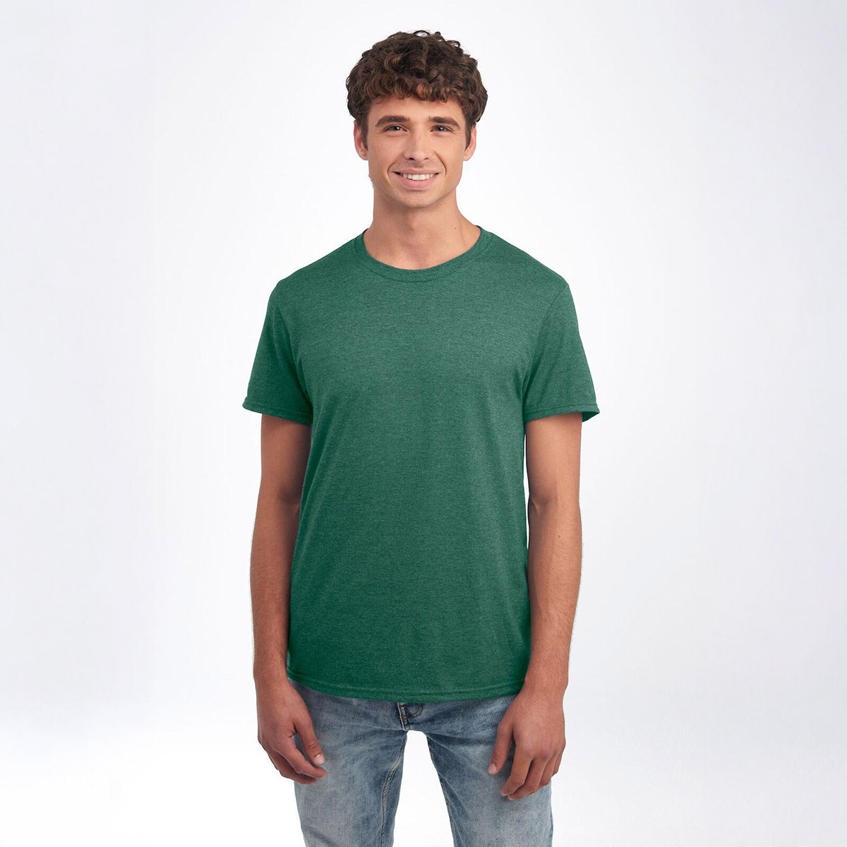 Man wearing a Forest Green Heather Jerzees Premium Blend Combed Ring-Spun Unisex T-Shirt against a white background.