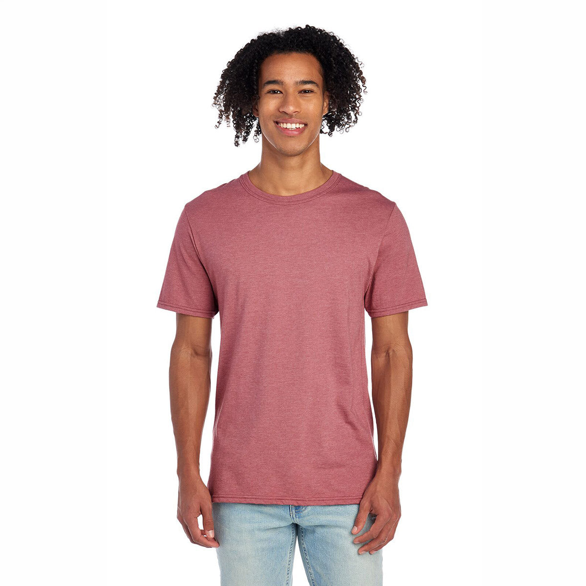 A man wearing a heather mauve Jerzees Premium Blend Combed Ring-Spun unisex T-shirt.
