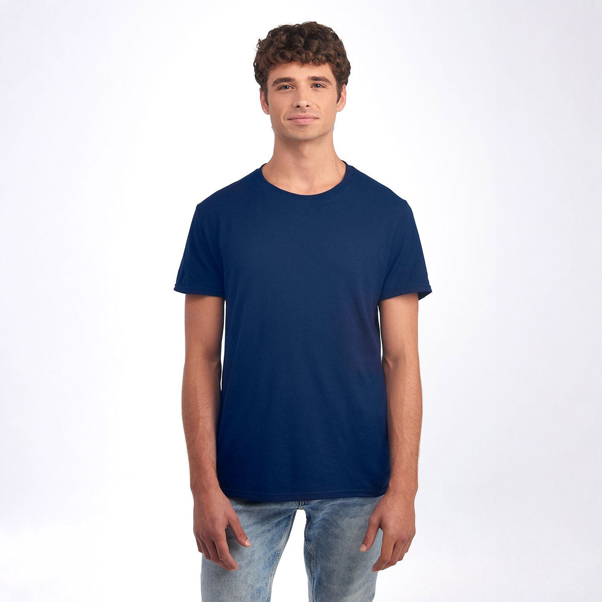 Model wearing a J. Navy Jerzees Premium Blend Combed Ring-Spun Unisex T-Shirt against a white background.