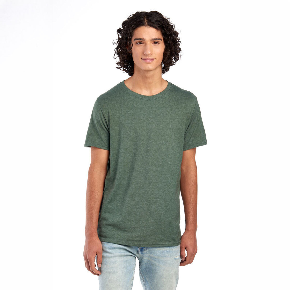 Young man wearing a military green heather Jerzees Premium Blend Combed Ring-Spun unisex T-shirt.