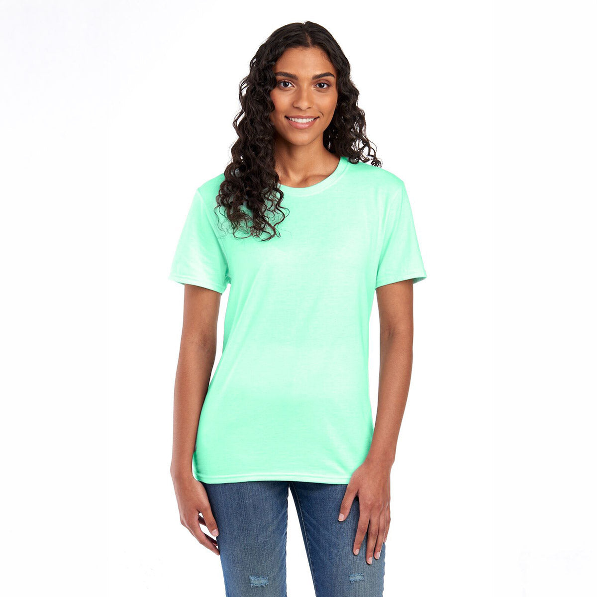 Woman wearing a Mint To Be Jerzees Premium Blend Combed Ring-Spun Unisex T-Shirt.