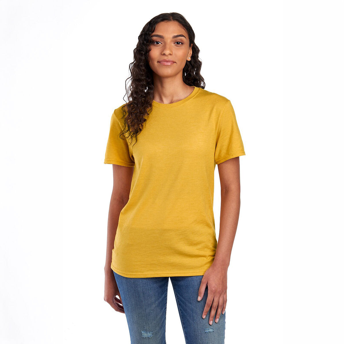 A woman wearing a Mustard Heather Jerzees Premium Blend Combed Ring-Spun unisex T-shirt.