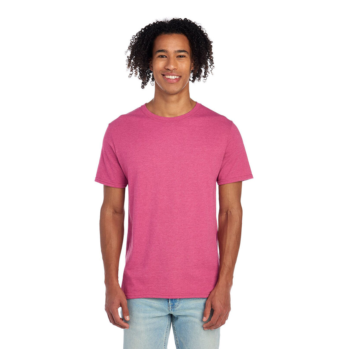 Jerzees Premium Blend Combed Ring-Spun unisex T-shirt in raspberry heather worn by a man.