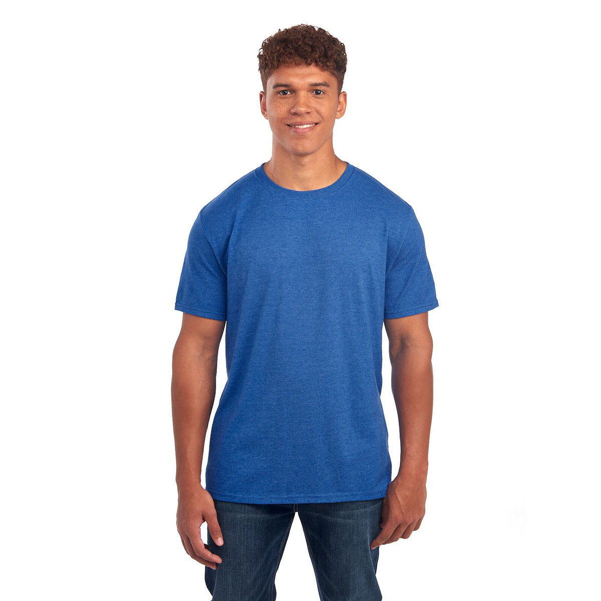 Model wearing a Retro Heather Royal Jerzees Premium Blend Combed Ring-Spun Unisex T-Shirt against a white background.