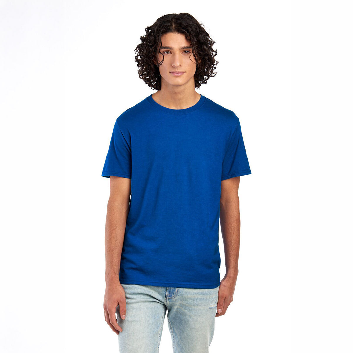 A man wearing a royal blue Jerzees Premium Blend Combed Ring-Spun Unisex T-Shirt against a white background.
