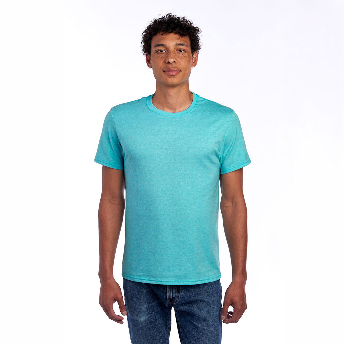 A man wearing a Jerzees Premium Blend Combed Ring-Spun Unisex T-Shirt in Simply Aqua Heather.