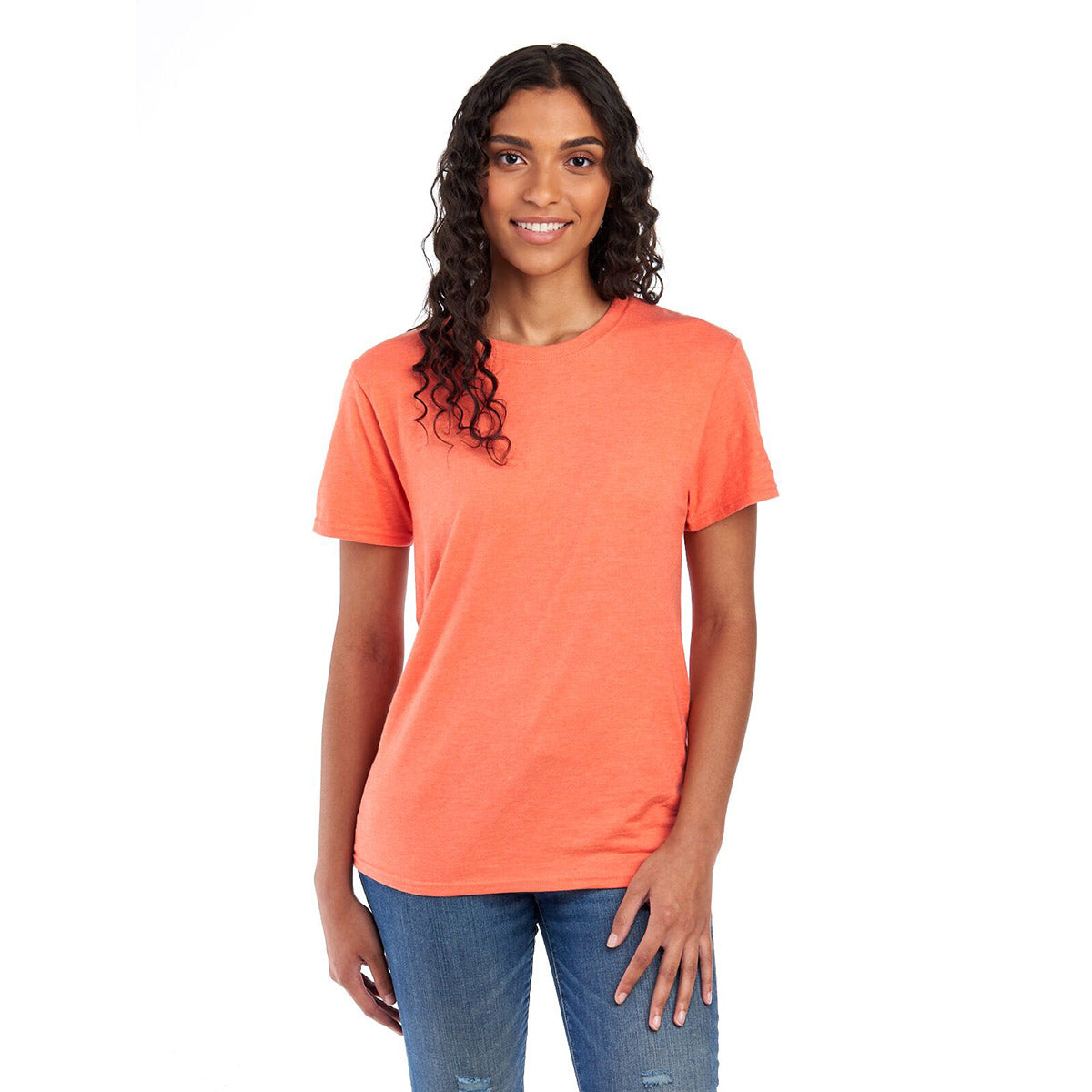 A model wearing a Jerzees Premium Blend Combed Ring-Spun Unisex T-Shirt in Vintage Heather Orange.