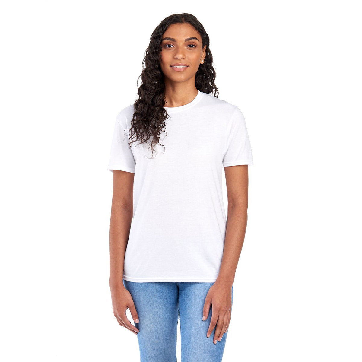 Model wearing a white Jerzees Premium Blend Combed Ring-Spun Unisex T-Shirt with blue jeans.