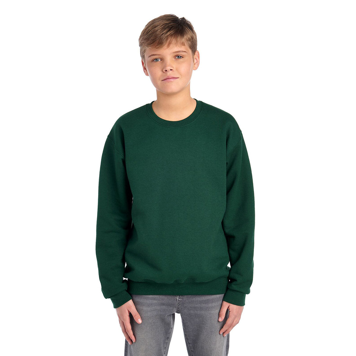 Youth model wearing a Forest Green Jerzees NuBlend® Youth Sweatshirt against a white background.