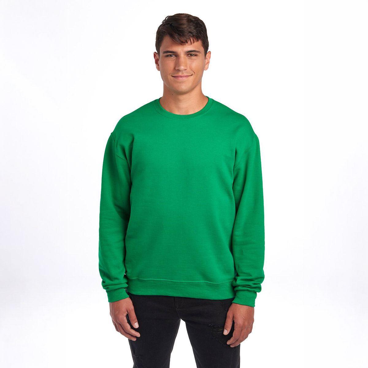 Man wearing a Kelly green Jerzees NuBlend® Adult Sweatshirt against a white background.