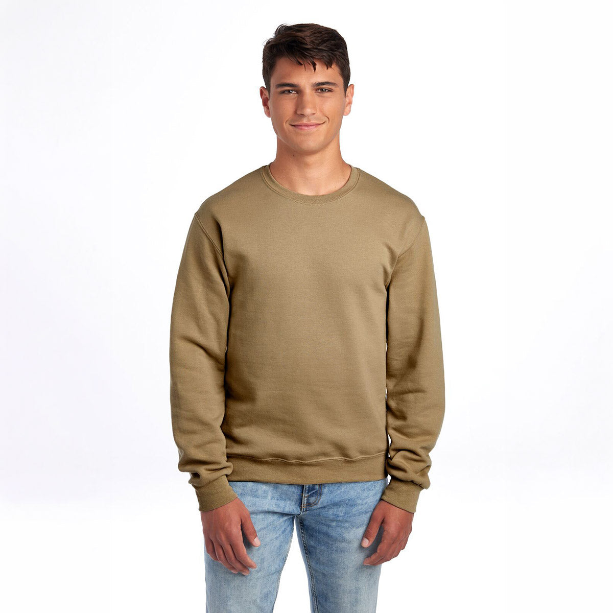 A man wearing a khaki Jerzees NuBlend® Adult Sweatshirt against a white background.