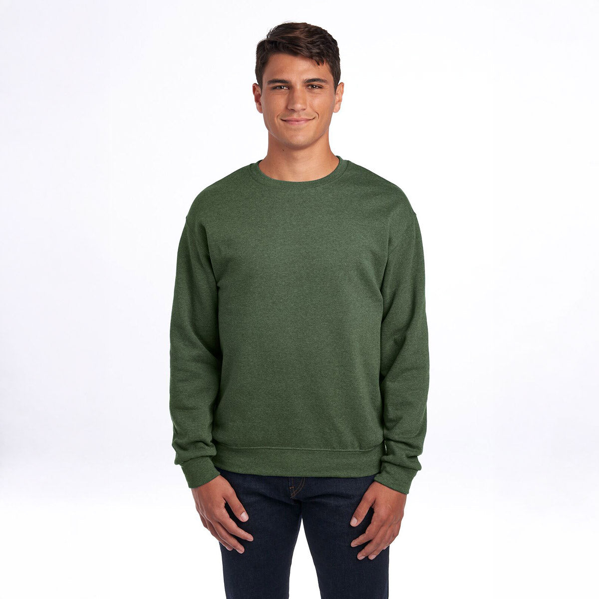 Jerzees NuBlend Adult Sweatshirt in Military Green Heather worn by a man against a white background.