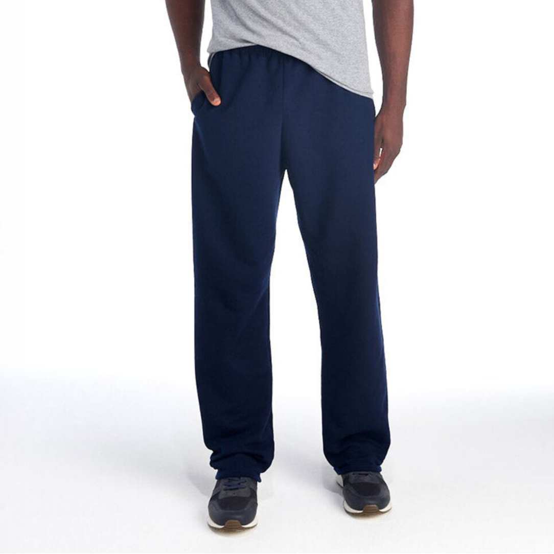 Model wearing Jerzees NuBlend pocketed open-bottom sweatpants in J. Navy color.