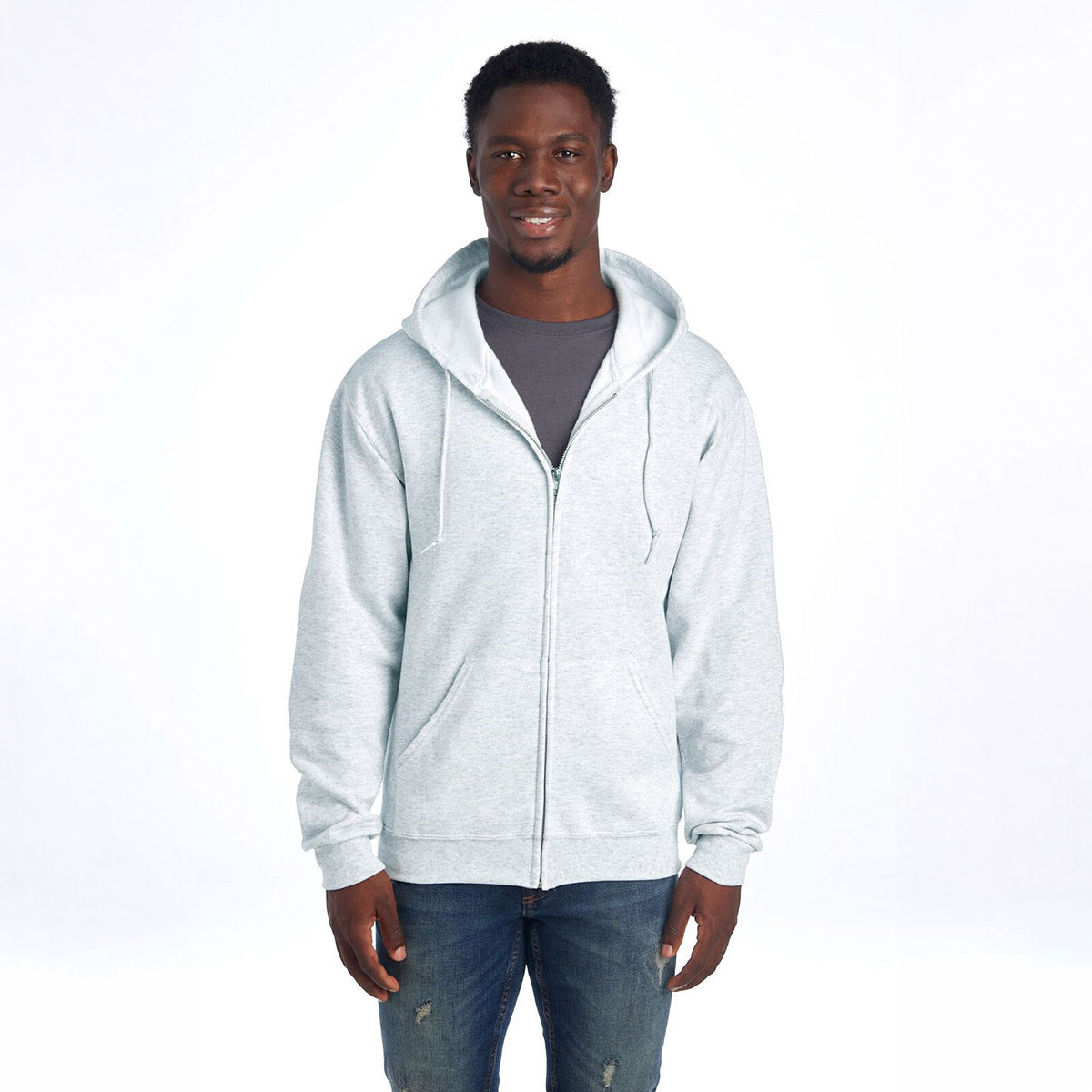 A man wearing a Jerzees NuBlend Unisex Full-Zip Hooded Sweatshirt in Ash.