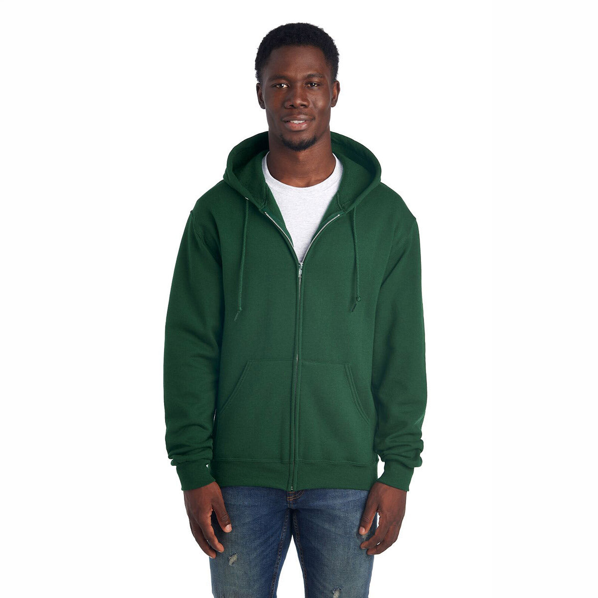 A man wearing a forest green Jerzees NuBlend unisex full-zip hooded sweatshirt over a grey t-shirt.