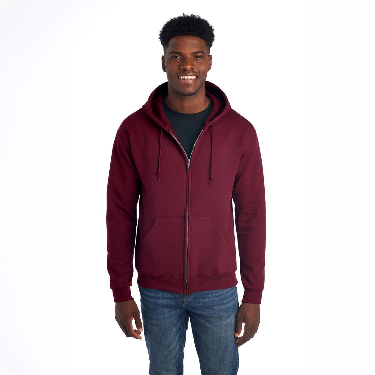 A model wears a maroon Jerzees NuBlend Unisex Full-Zip Hooded Sweatshirt against a white background.