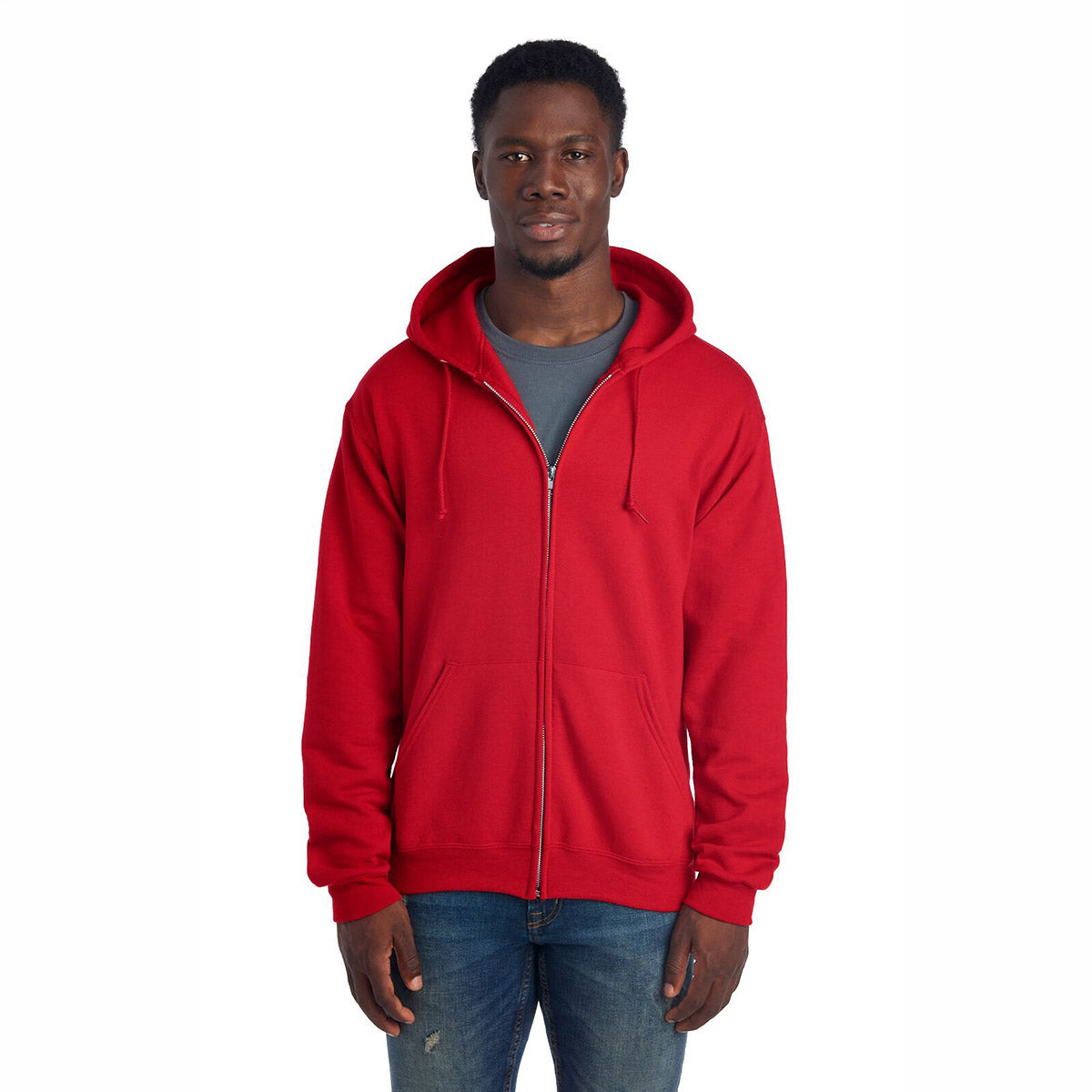 Man wearing a True Red Jerzees NuBlend Unisex Full-Zip Hooded Sweatshirt.