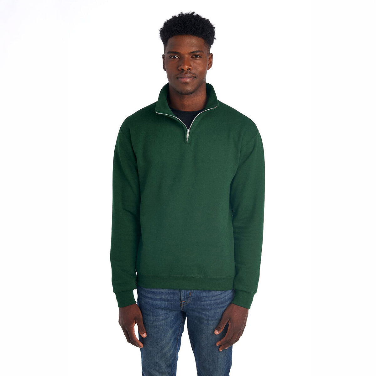 Man wearing a forest green Jerzees NuBlend unisex quarter-zip cadet collar sweatshirt.