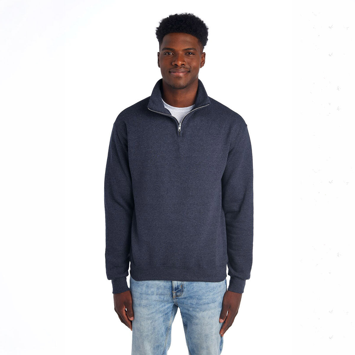 Man wearing a Jerzees NuBlend unisex quarter-zip cadet collar sweatshirt in vintage heather navy.