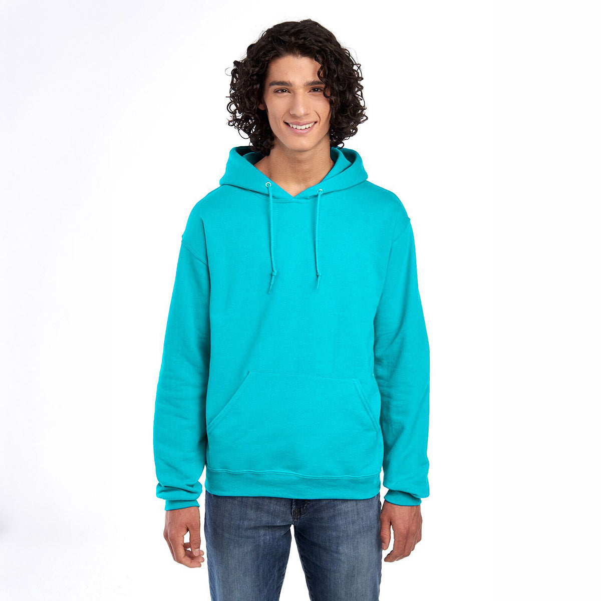 A man wearing a California Blue Jerzees NuBlend® Unisex Hooded Sweatshirt against a white background.