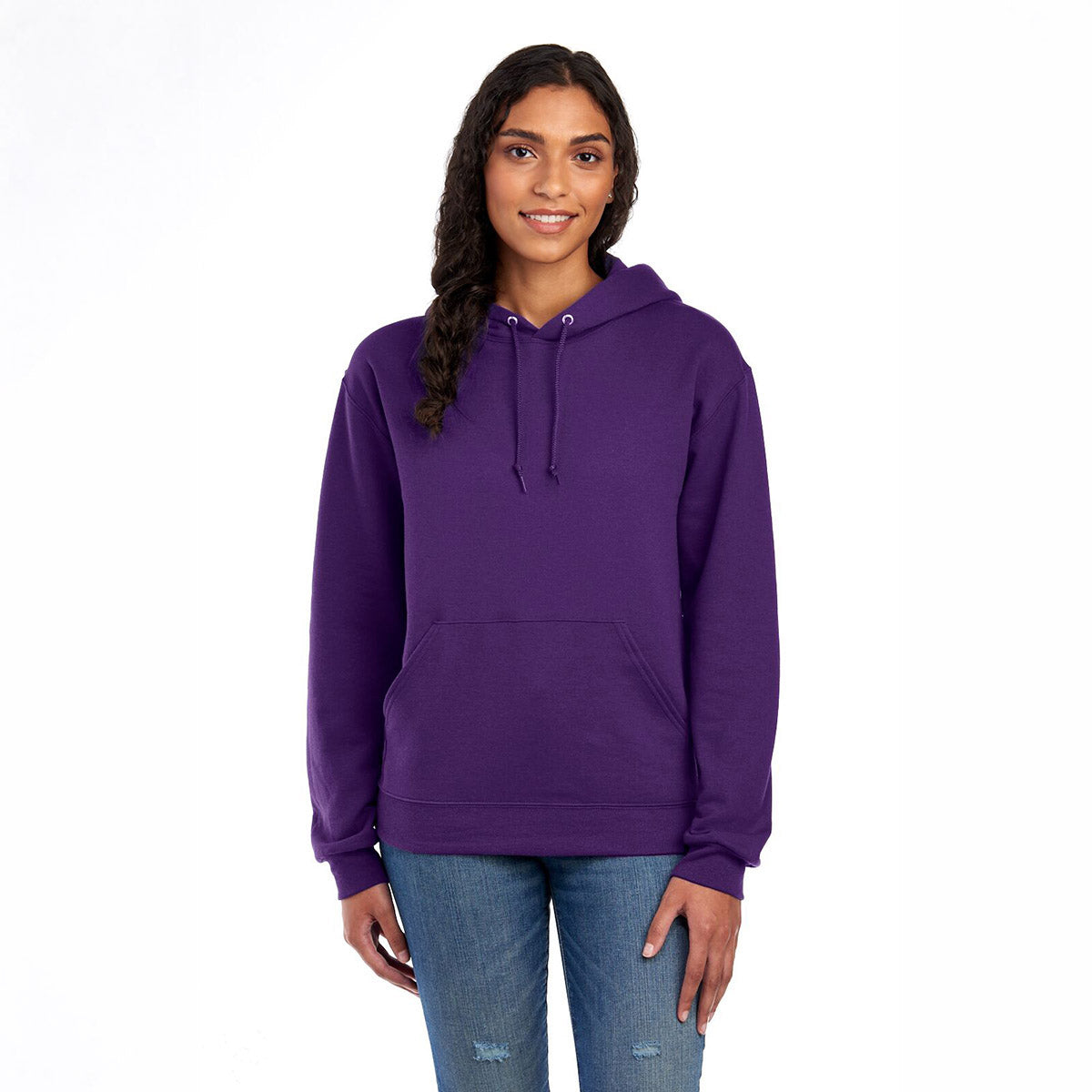 A model wearing a Jerzees NuBlend® Unisex Hooded Sweatshirt in deep purple.