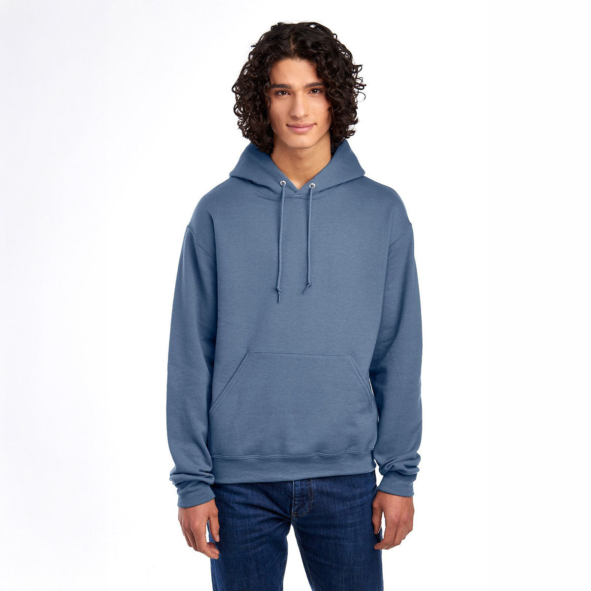 Man wearing a Denim Jerzees NuBlend Unisex Hooded Sweatshirt.