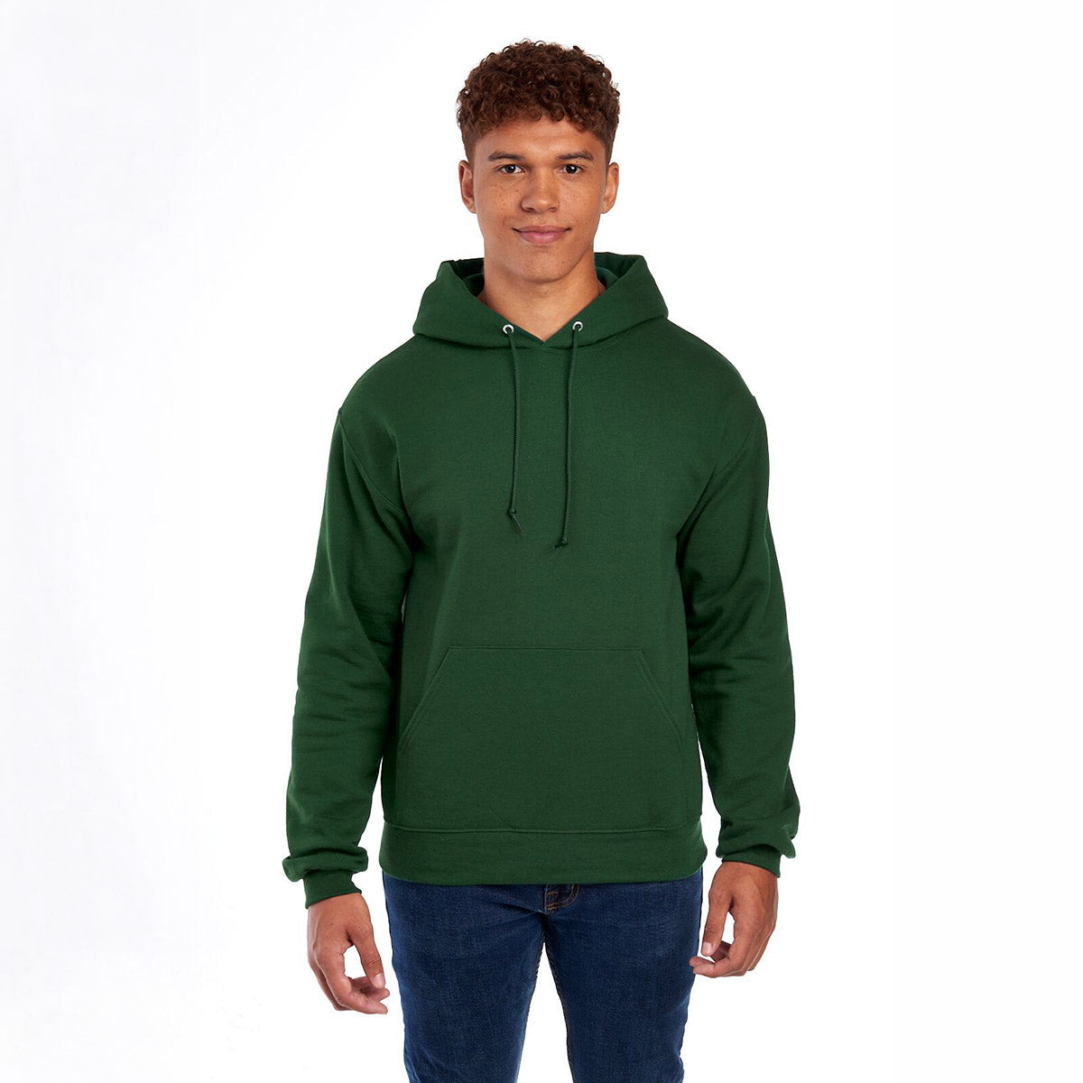 A model wearing a Forest Green Jerzees NuBlend Unisex Hooded Sweatshirt against a white background.