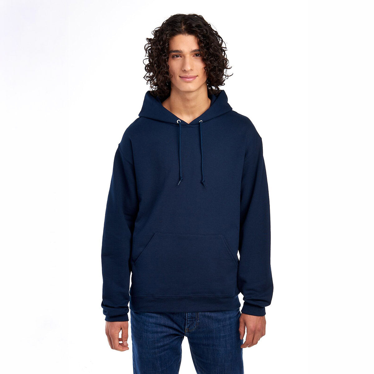 A male model wears a Jerzees NuBlend unisex hooded sweatshirt in J. Navy blue.