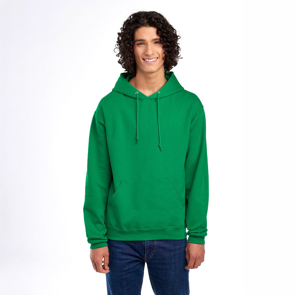 Model wearing a Kelly green Jerzees NuBlend® Unisex Hooded Sweatshirt with a drawstring hood and front pouch pocket.