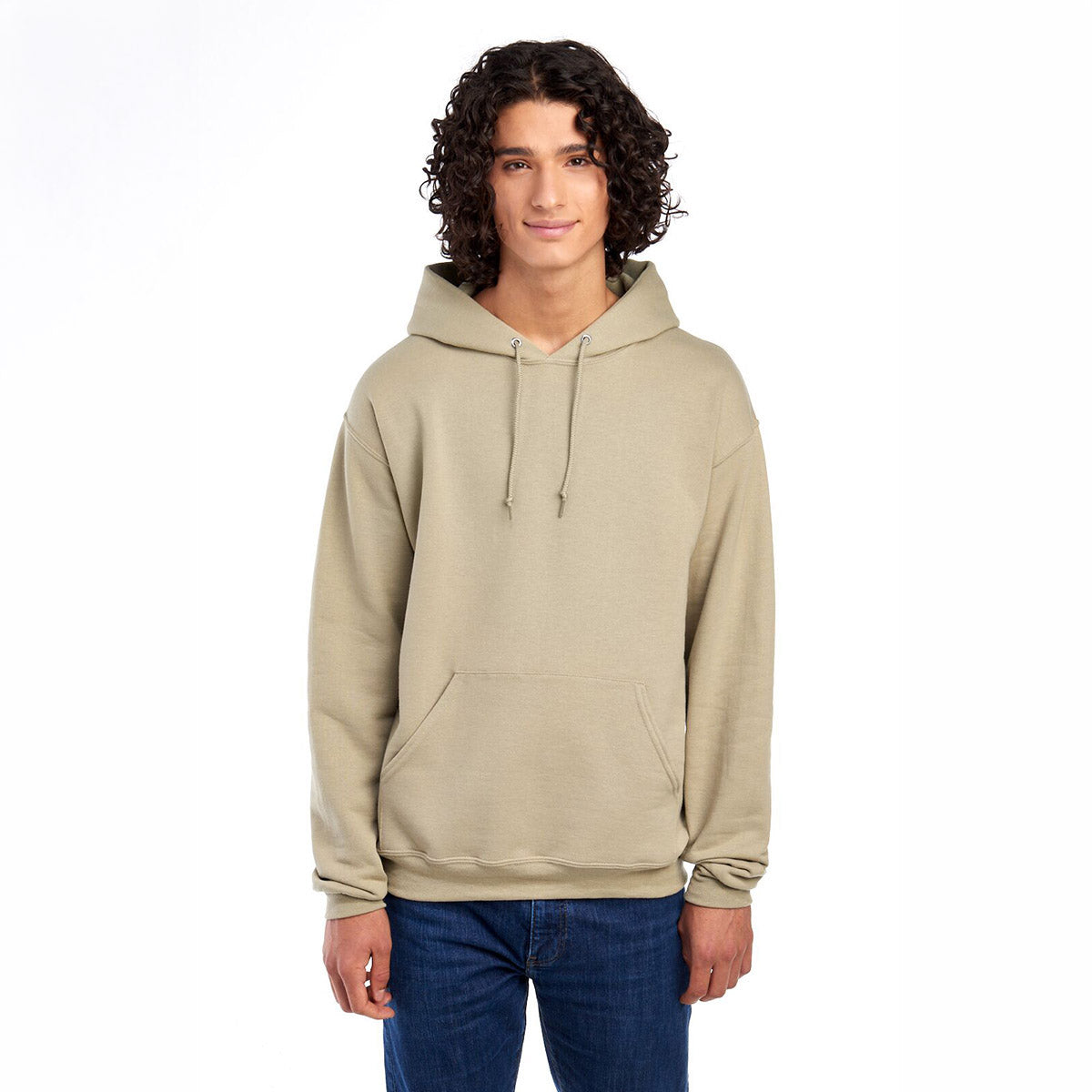 A man wearing a khaki Jerzees NuBlend® Unisex Hooded Sweatshirt against a white background.
