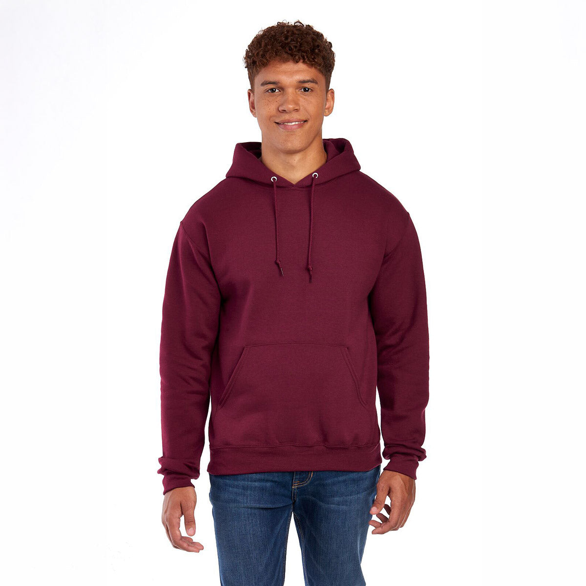 Jerzees NuBlend unisex hooded sweatshirt in maroon worn by a man.